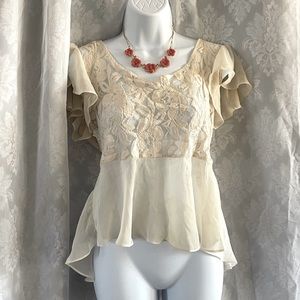 Cream Hi-Lo Flowy Peplum Sheer Lace Blouse